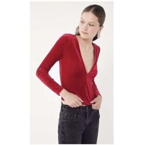 Urban Outfitters Bree Red Metallic Deep Plunge Velvet Long Sleeve Top XS